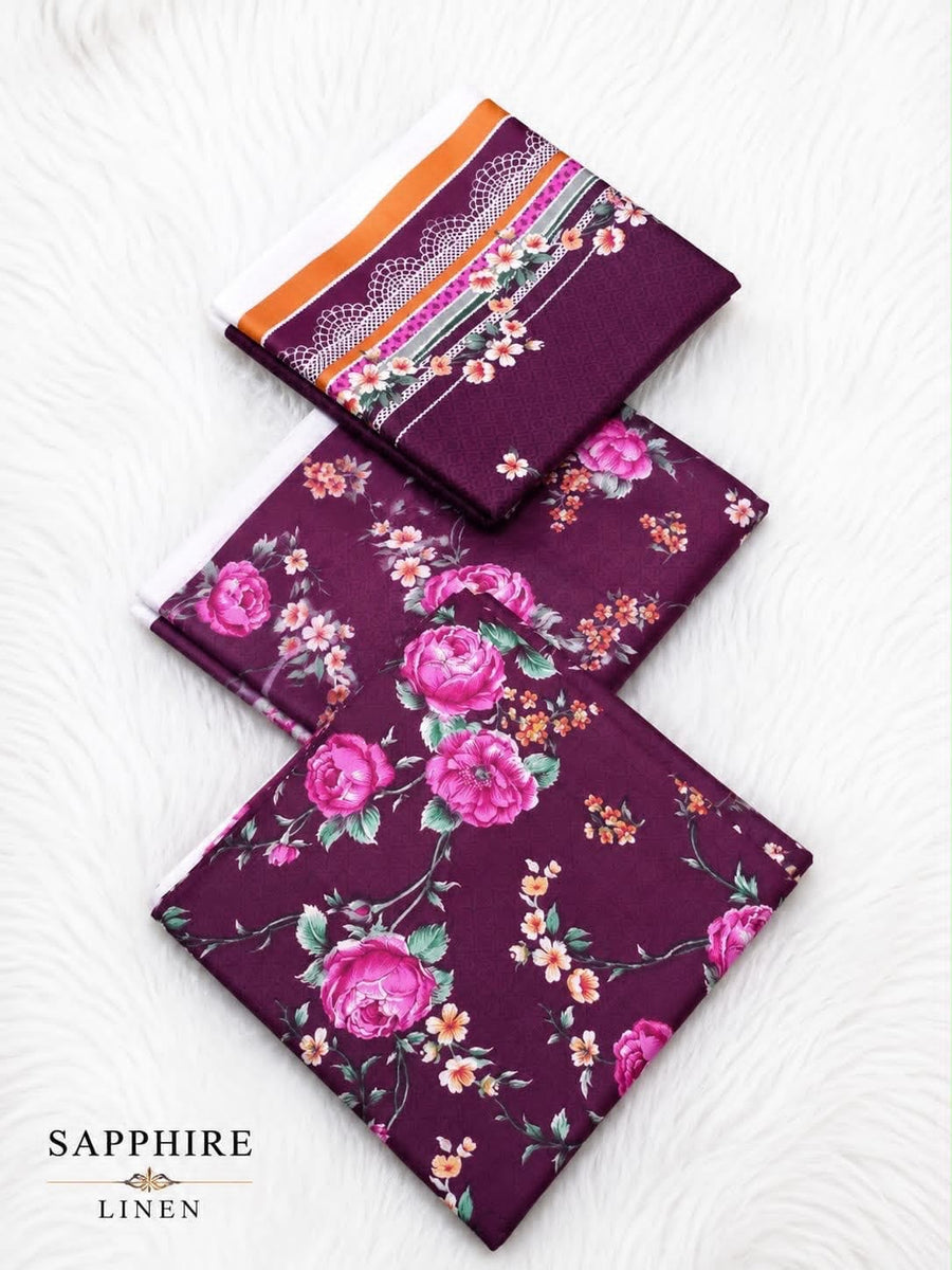 Plum Floral Elegance – 3-Piece Unstitched Linen Suit