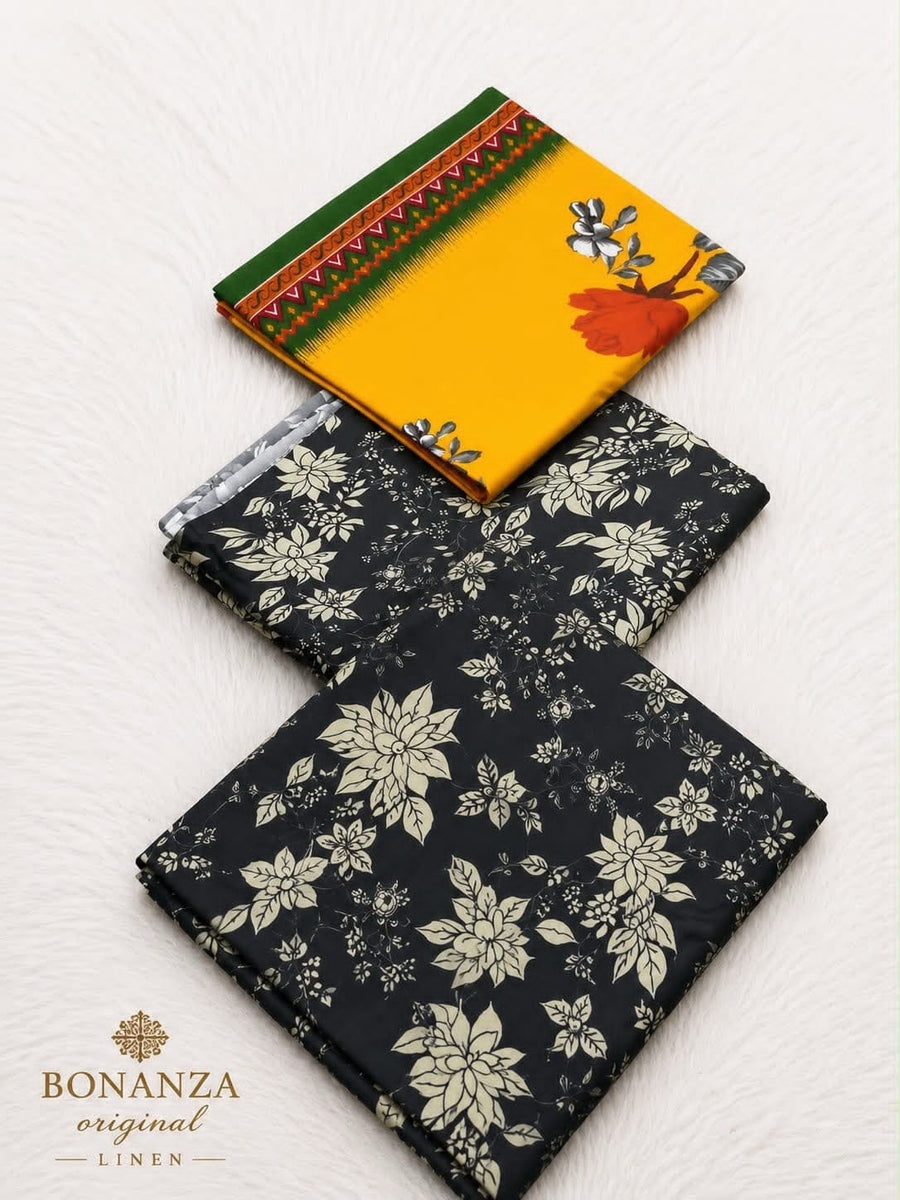 Mustard & Midnight Bloom – 3-Piece Unstitched Linen Suit