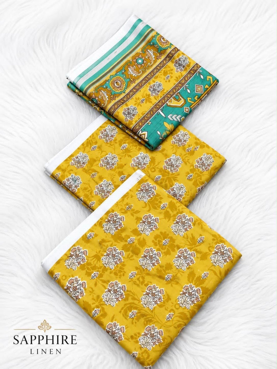 Mustard Yellow Floral Printed Linen 3-Piece Suit