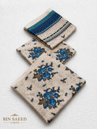 Elegant Beige & Royal Blue Floral Printed Linen 3-Piece Suit
