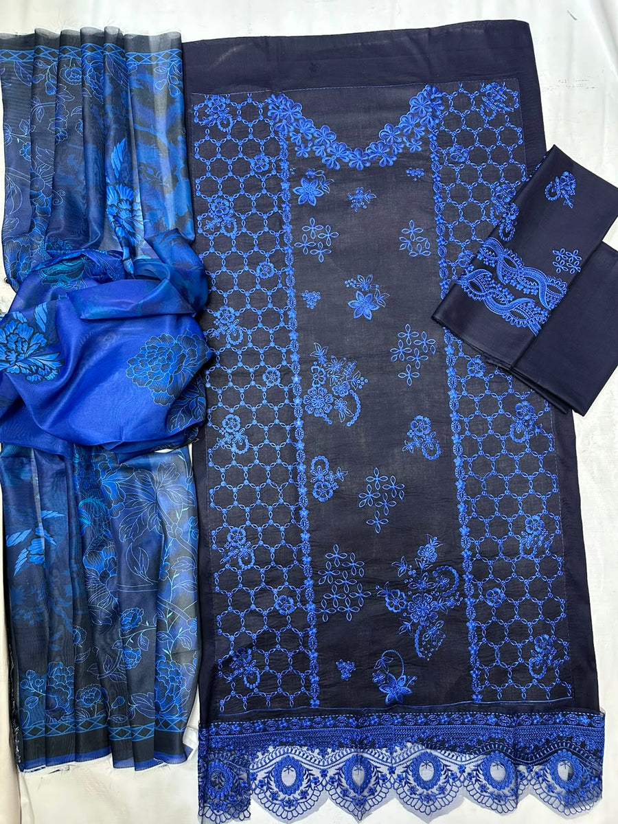 Premium Deep Blue Festive 3-Piece Unstitched Collection