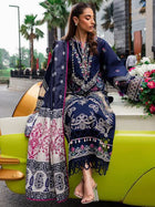 Navy Blue Floral Threadwork Suit with Contrast Printed Dupatta