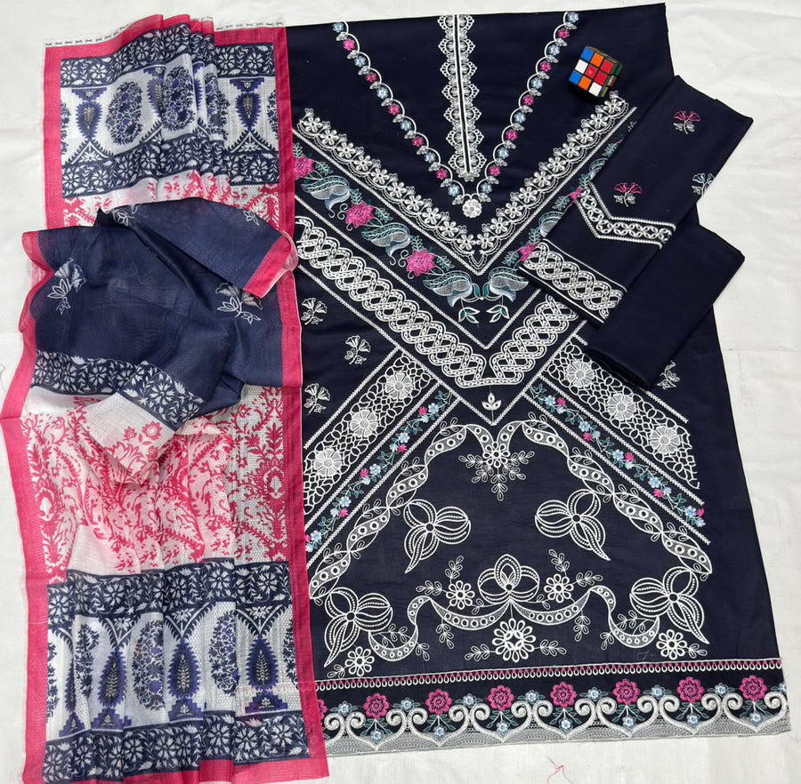 Navy Blue Floral Threadwork Suit with Contrast Printed Dupatta