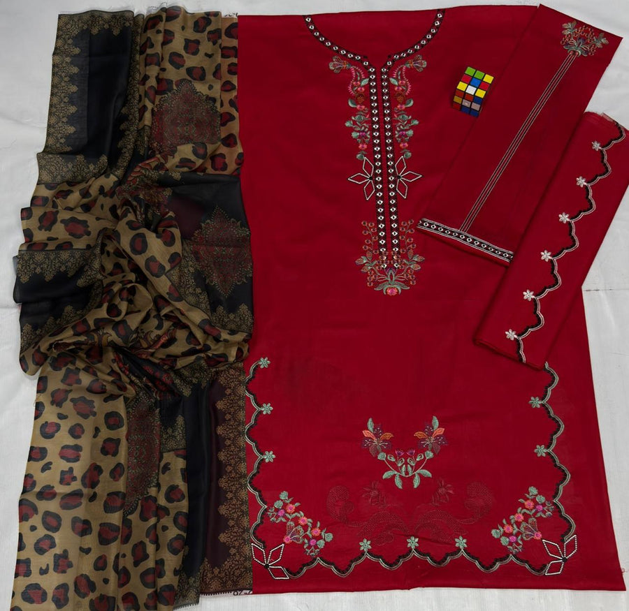 Ruby Red Floral Embroidered Suit with Animal Print Dupatta