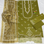 Olive Green Embroidered Chunri Printed Dupatta 3-Piece Suit