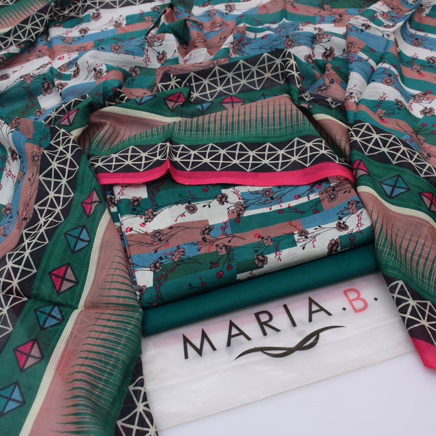 Maria.B Luxury Lawn — Exquisite Teal & Pink Geometric 3-Piece Suit
