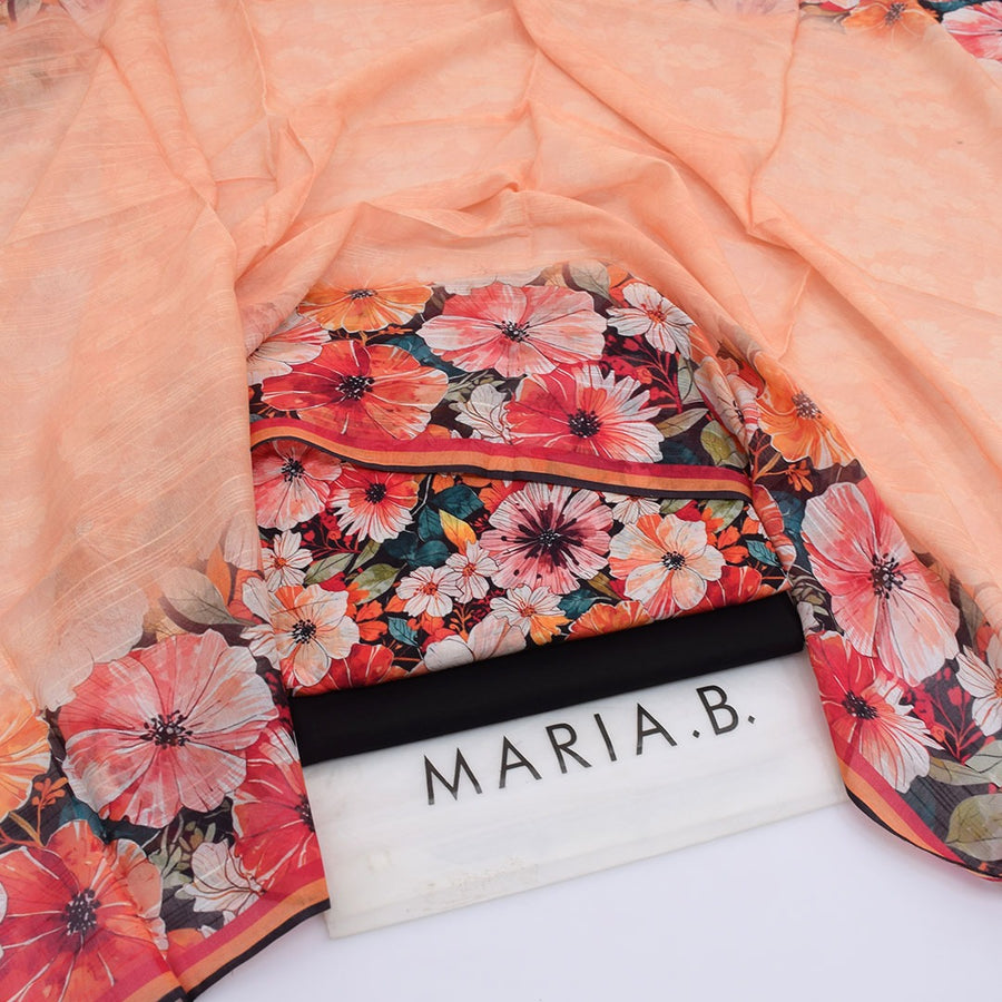 Maria.B Luxury Lawn — Vibrant Coral & Black Printed 3-Piece Suit