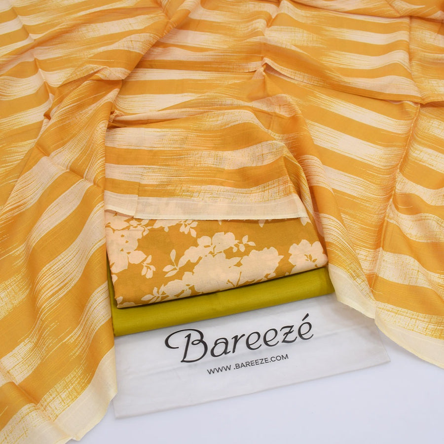 Bareezé Golden Sun — Premium 3-Piece Printed Lawn Suit with Striped Dupatta