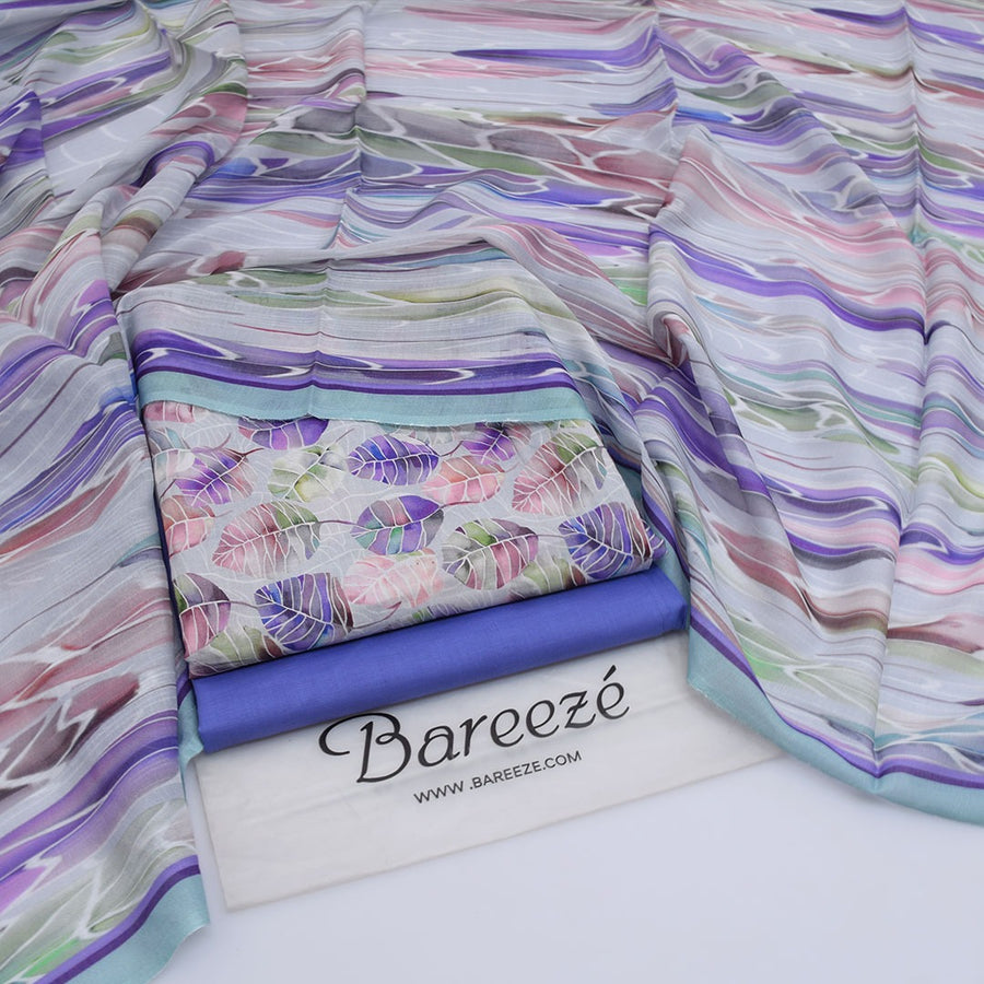 Bareezé Pastel Blossom — Premium 3-Piece Printed Lawn Suit with Abstract Wave Dupatta