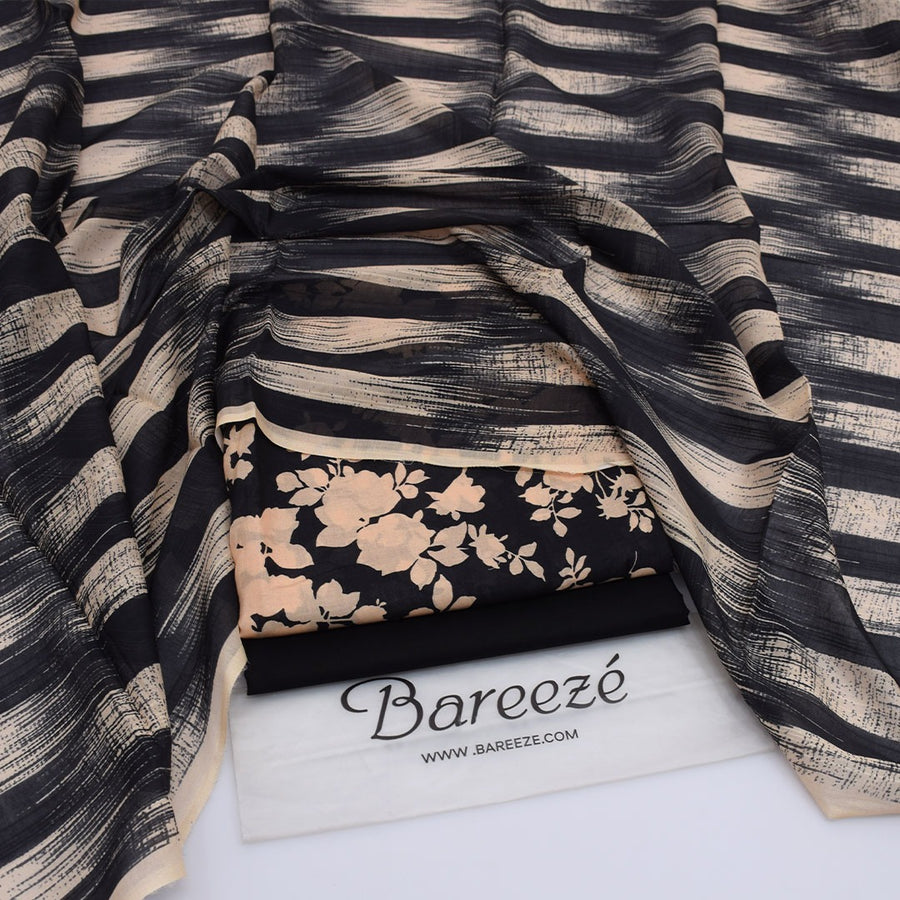 Bareezé Luxe Bloom — Premium 3-Piece Printed Lawn Suit with Stylish Striped Dupatta