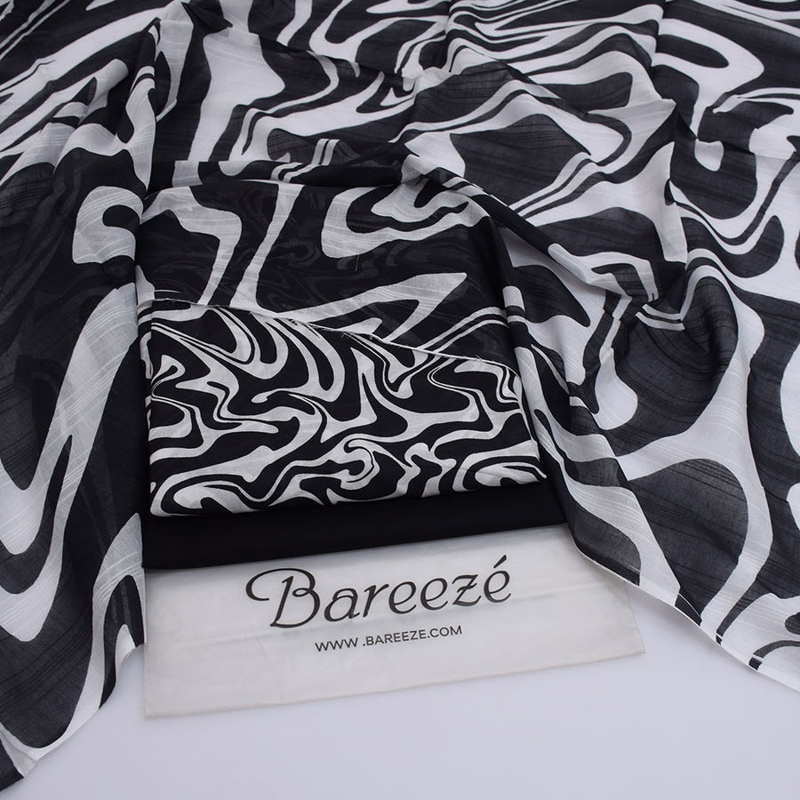 Bareezé Monochromatic Chic — Premium 3-Piece Printed Lawn Suit with Stylish Liquid Marble Print