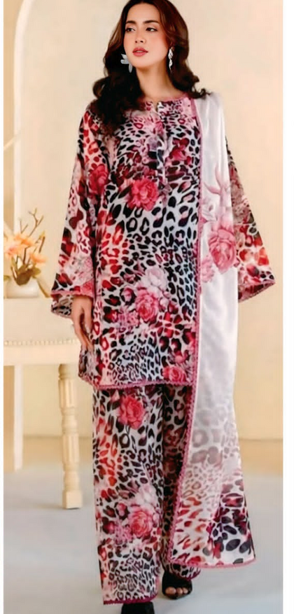 Bold Pink Floral & Cheetah Print Airjet Linen 3PC Suit – Heavy Embroidery & Ready Lace Dupatta