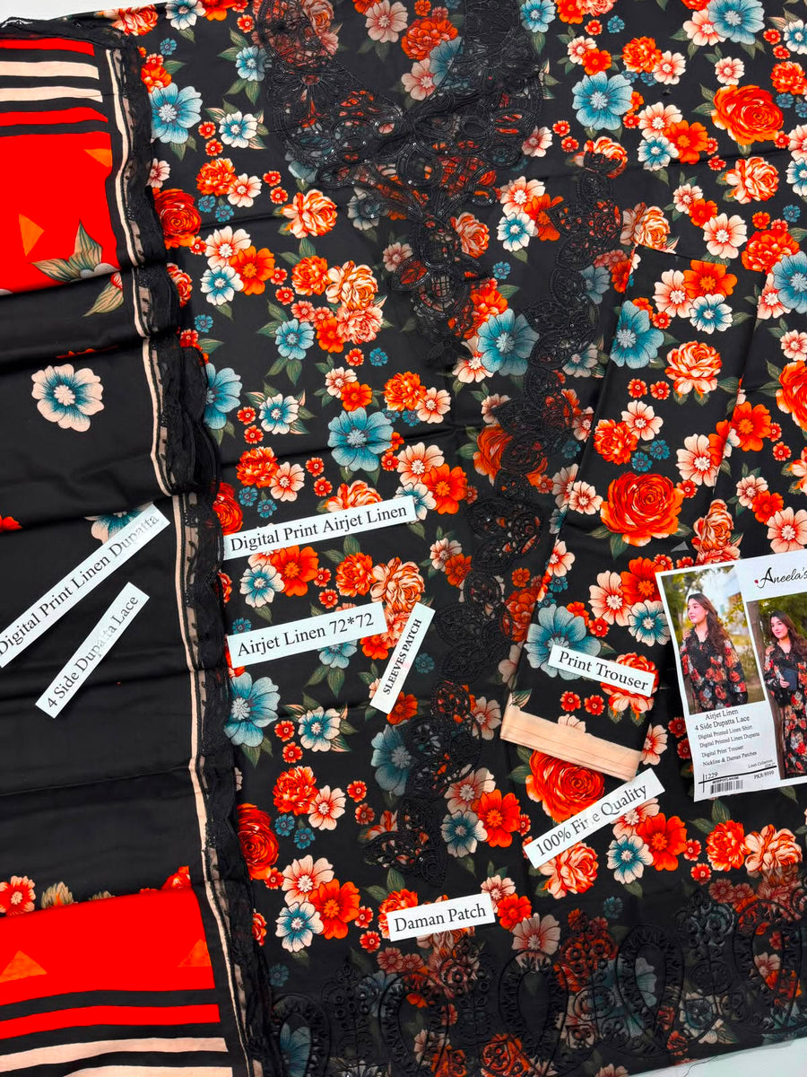Elegant Rust & Black Floral Airjet Linen 3PC Suit – Heavy Lace Embroidery & Ready Dupatta