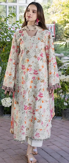Elegant Cream & Pastel Floral Airjet Linen 3PC Suit – Heavy Embroidery & Lace Dupatta