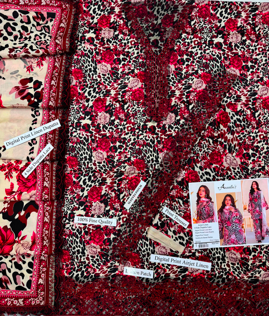 Bold Pink Floral & Cheetah Print Airjet Linen 3PC Suit – Heavy Embroidery & Ready Lace Dupatta