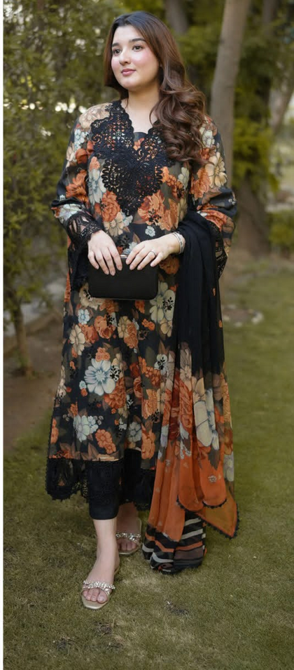 Elegant Rust & Black Floral Airjet Linen 3PC Suit – Heavy Lace Embroidery & Ready Dupatta