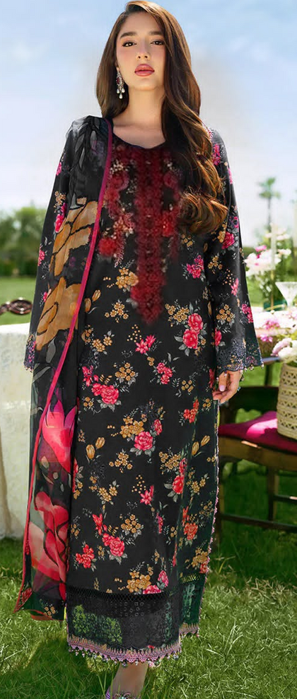 Elegant Midnight Black Airjet Linen 3PC Suit – Heavy Embroidery & Floral Print