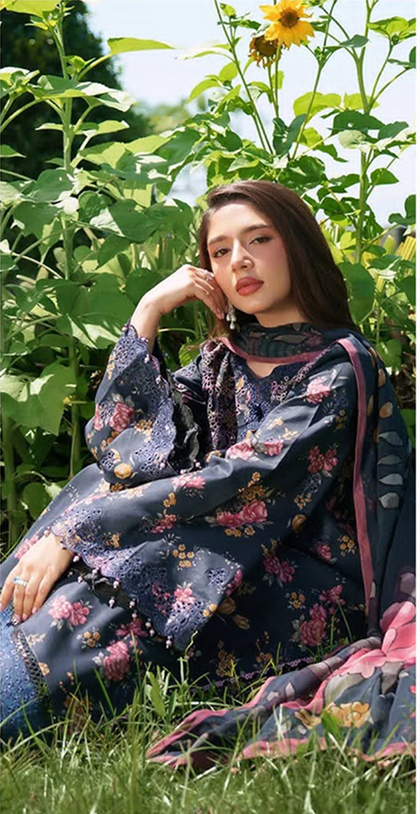 Luxury Airjet Linen 3PC Unstitched Suit – Heavy Embroidered Patches & Ready Dupatta