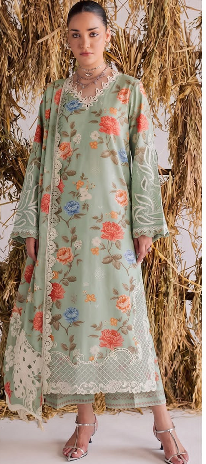 Elegant Pistachio Green Airjet Linen 3PC Suit – Heavy Embroidery & Lace Details