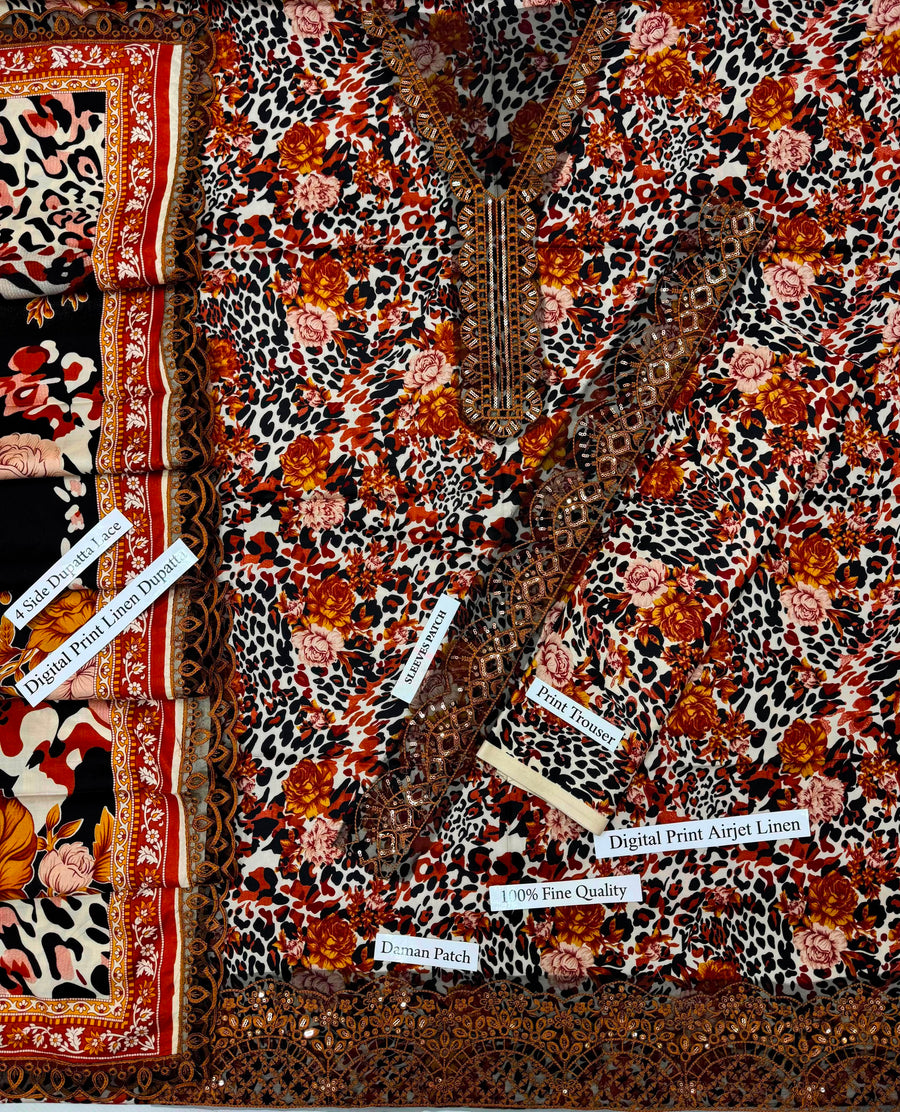 Bold Pink Floral & Cheetah Print Airjet Linen 3PC Suit – Heavy Embroidery & Ready Lace Dupatta