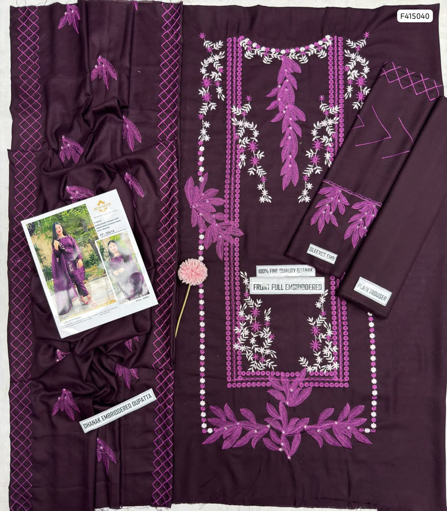 Luxury Maroon Dhanak 3PC Suit – Fully Embroidered Shirt & Dupatta