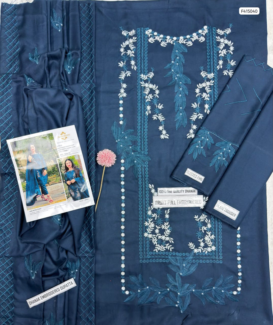 Luxury Teal Blue Dhanak 3PC Suit – Fully Embroidered Shirt & Dupatta