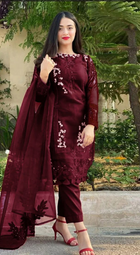 Luxury Maroon Dhanak 3PC Suit – Fully Embroidered Shirt & Dupatta