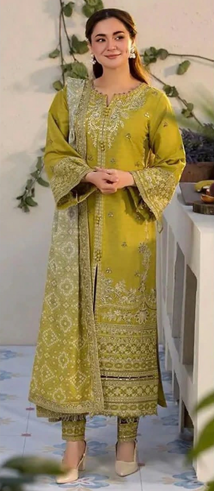 Winter Elegance by LAAM | Olive Green Heavy Embroidered Dhanak 3PC Collection ✨