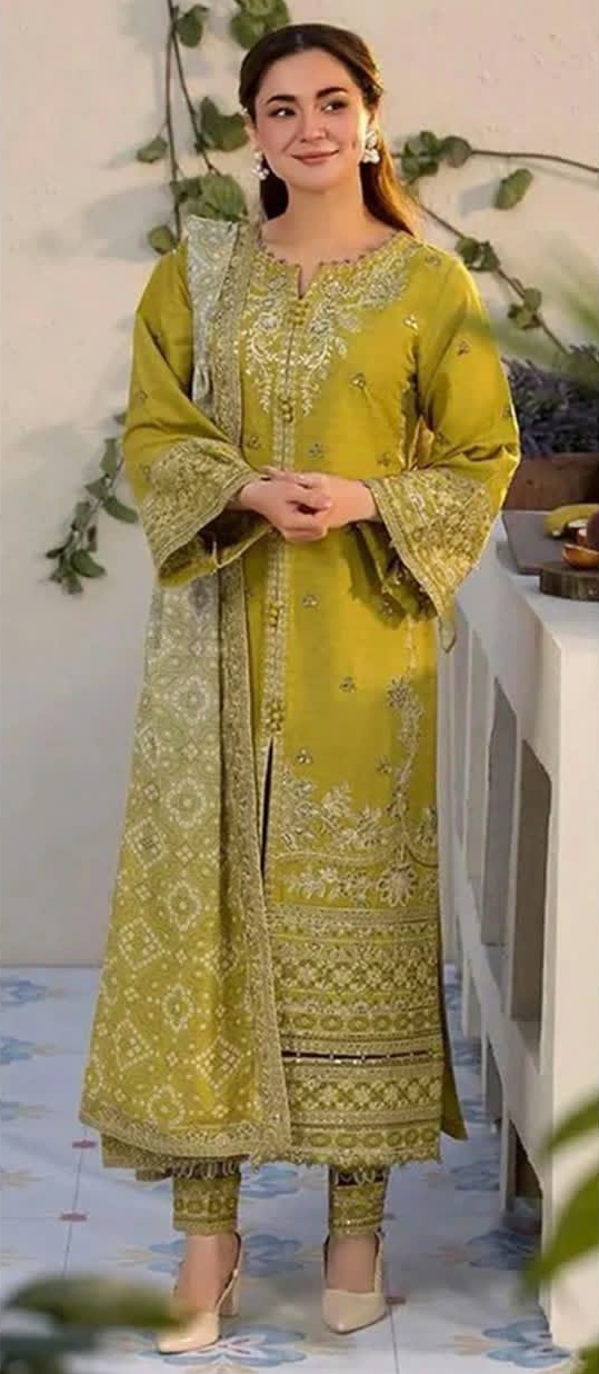 Winter Elegance by LAAM | Olive Green Heavy Embroidered Dhanak 3PC Collection ✨