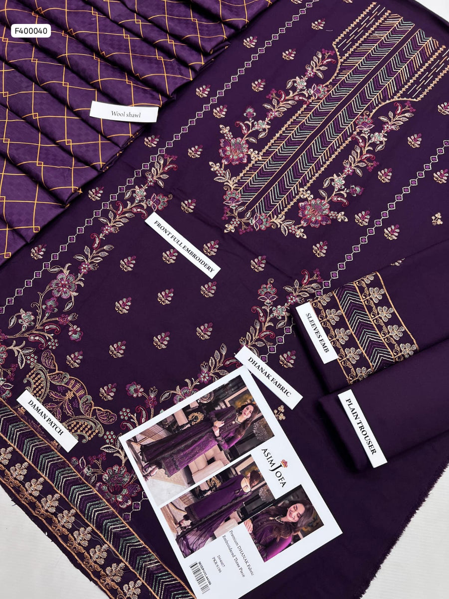 Winter Elegance by Asim Jofa – Royal Purple Dhanak 3PC Suit & Digital Wool Shawl