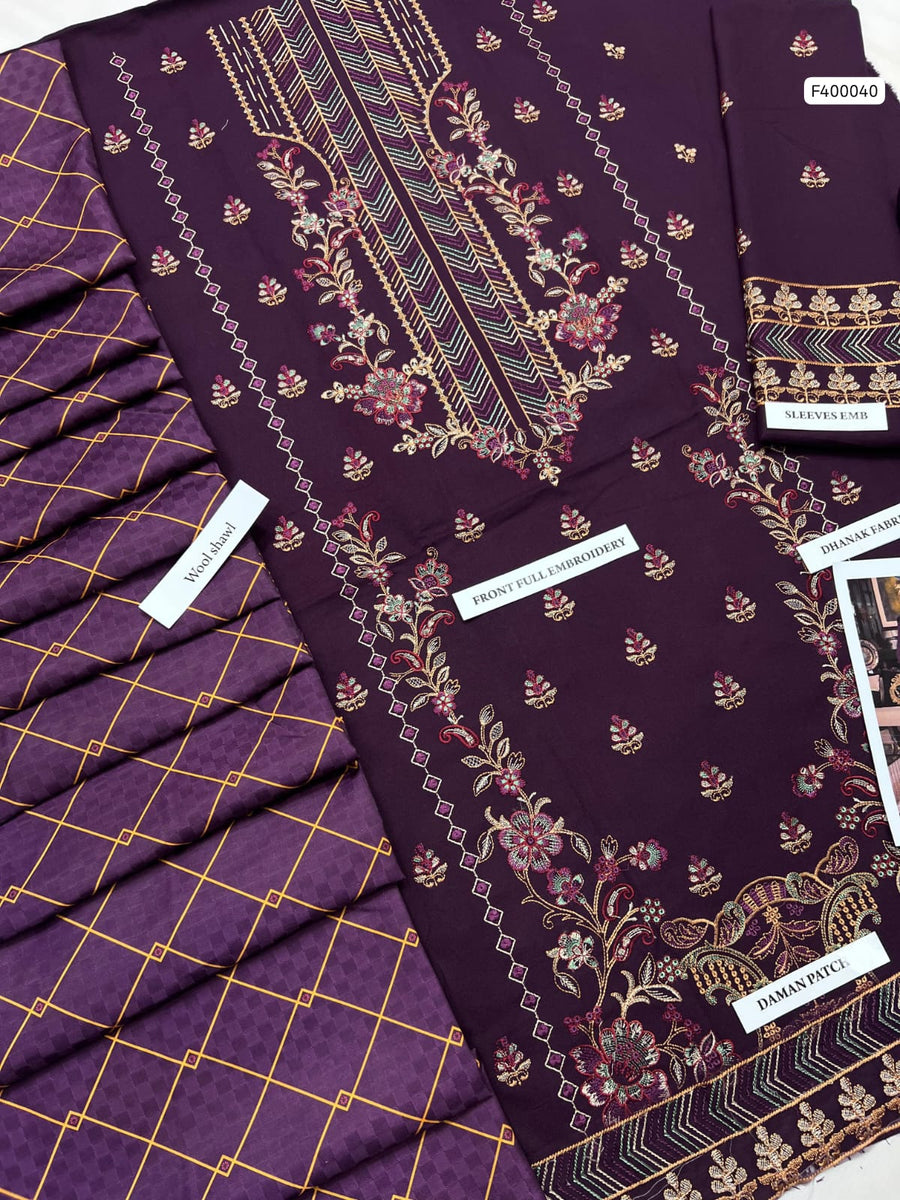 Winter Elegance by Asim Jofa – Royal Purple Dhanak 3PC Suit & Digital Wool Shawl