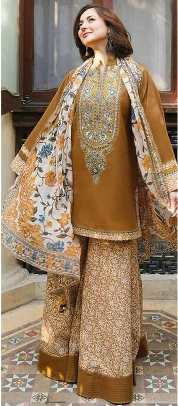 Winter Elegance by Sapphire – Mustard Brown Dhanak 3PC Suit & Printed Wool Shawl