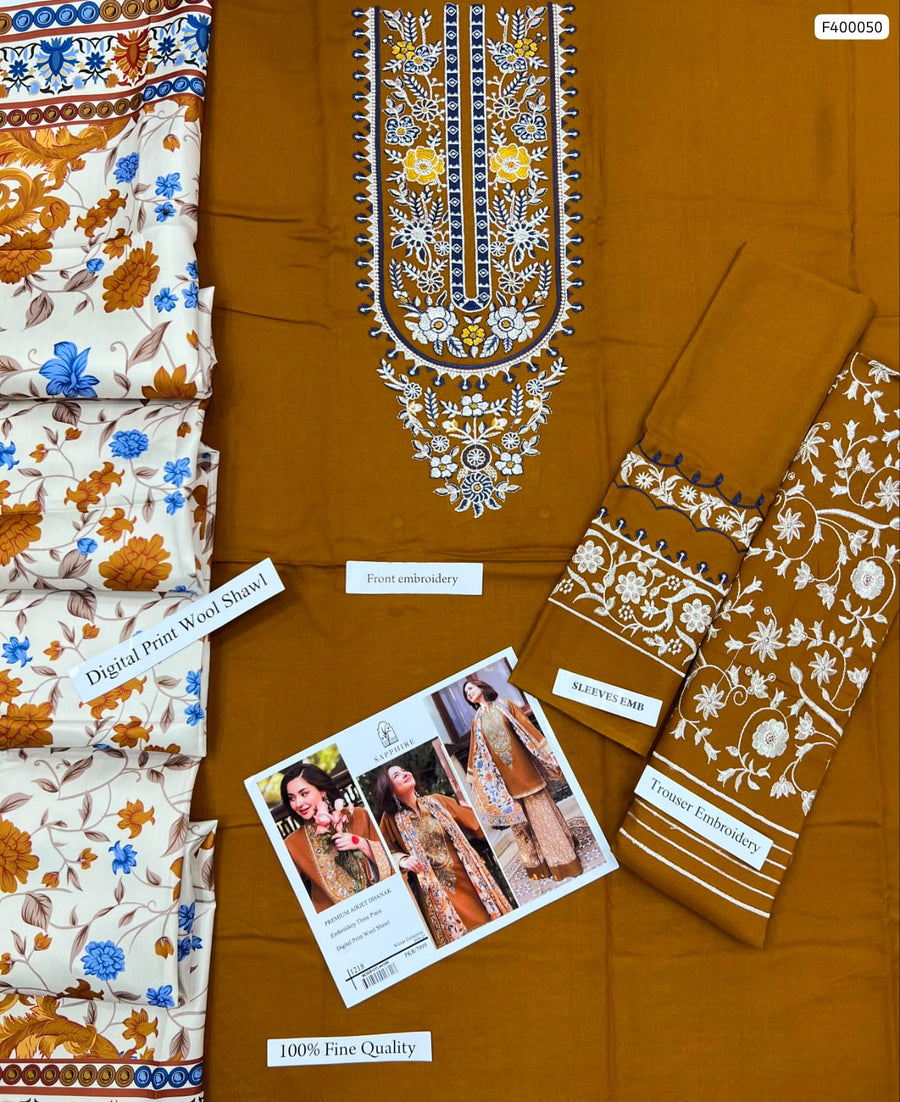 Winter Elegance by Sapphire – Mustard Brown Dhanak 3PC Suit & Printed Wool Shawl