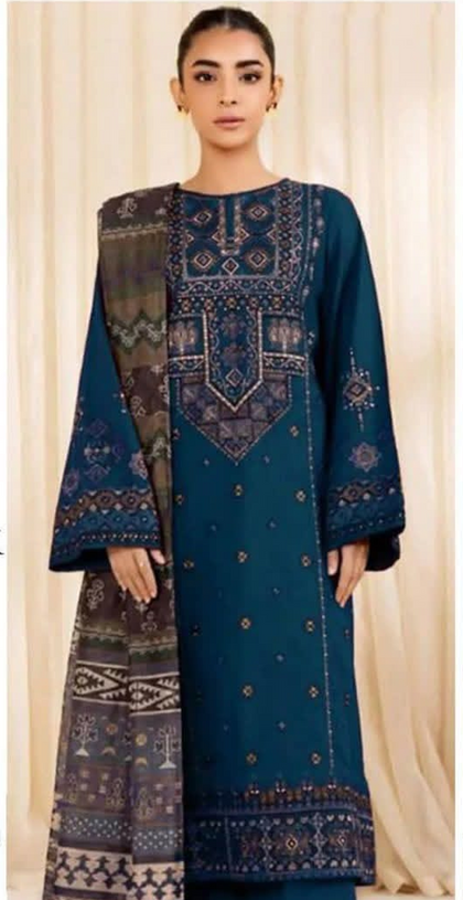 : Winter Elegance by Sapphire – Teal Blue Dhanak 3PC Suit & Digital Wool Shawl