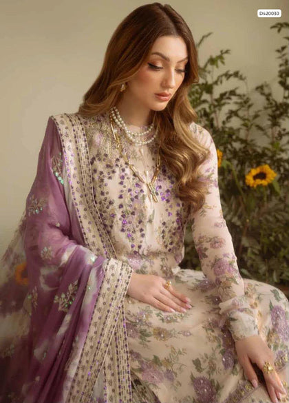 Silk Elegance by Nureh – Light Beige Printed Silk Frock & Digital Dupatta with 4-Side Lace