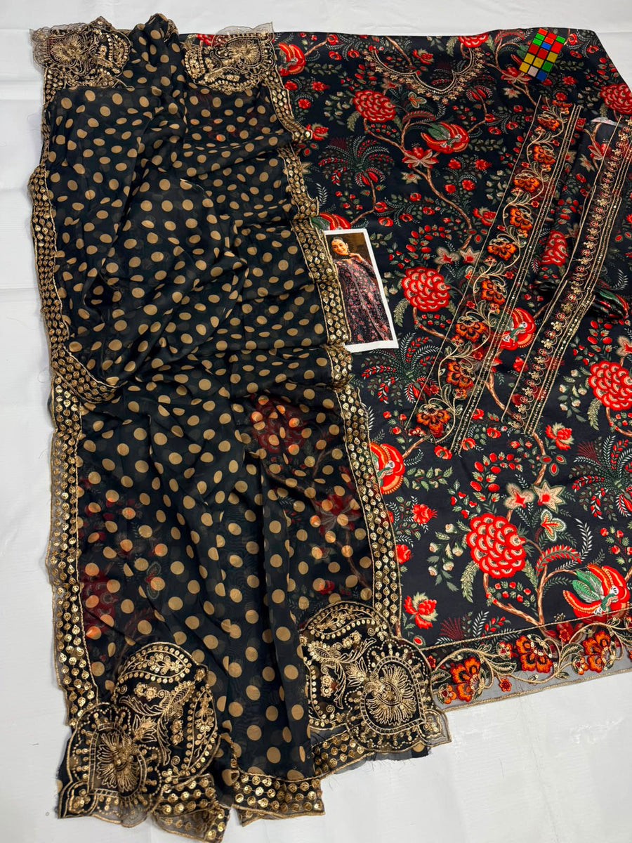 Silk Elegance – 3PC Premium Printed Silk Suit with Detailed Embroidery