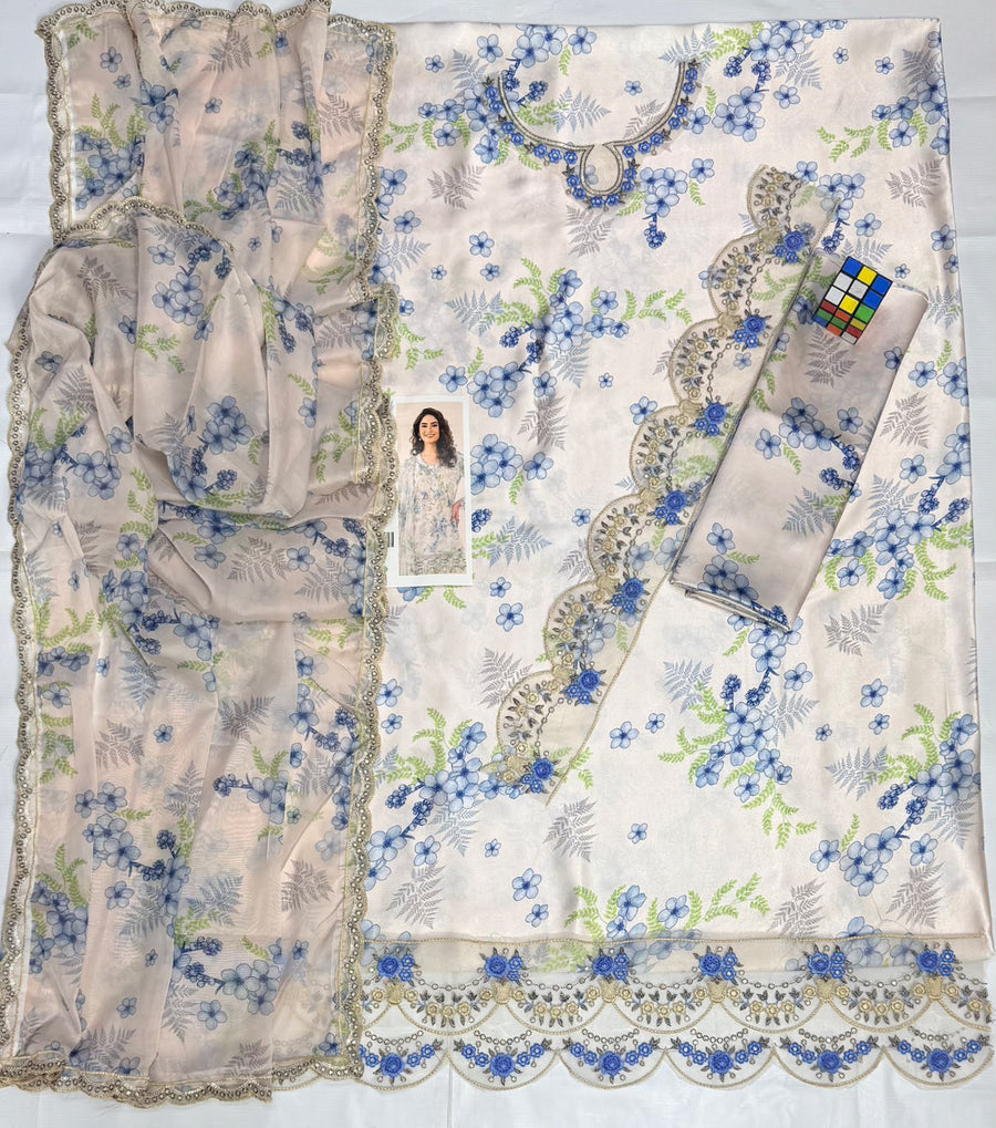 Elegant Floral Printed Chikankari Suit with Lace Borders & Matching Dupatta