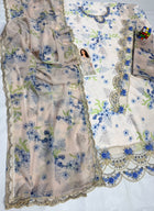 Elegant Floral Printed Chikankari Suit with Lace Borders & Matching Dupatta