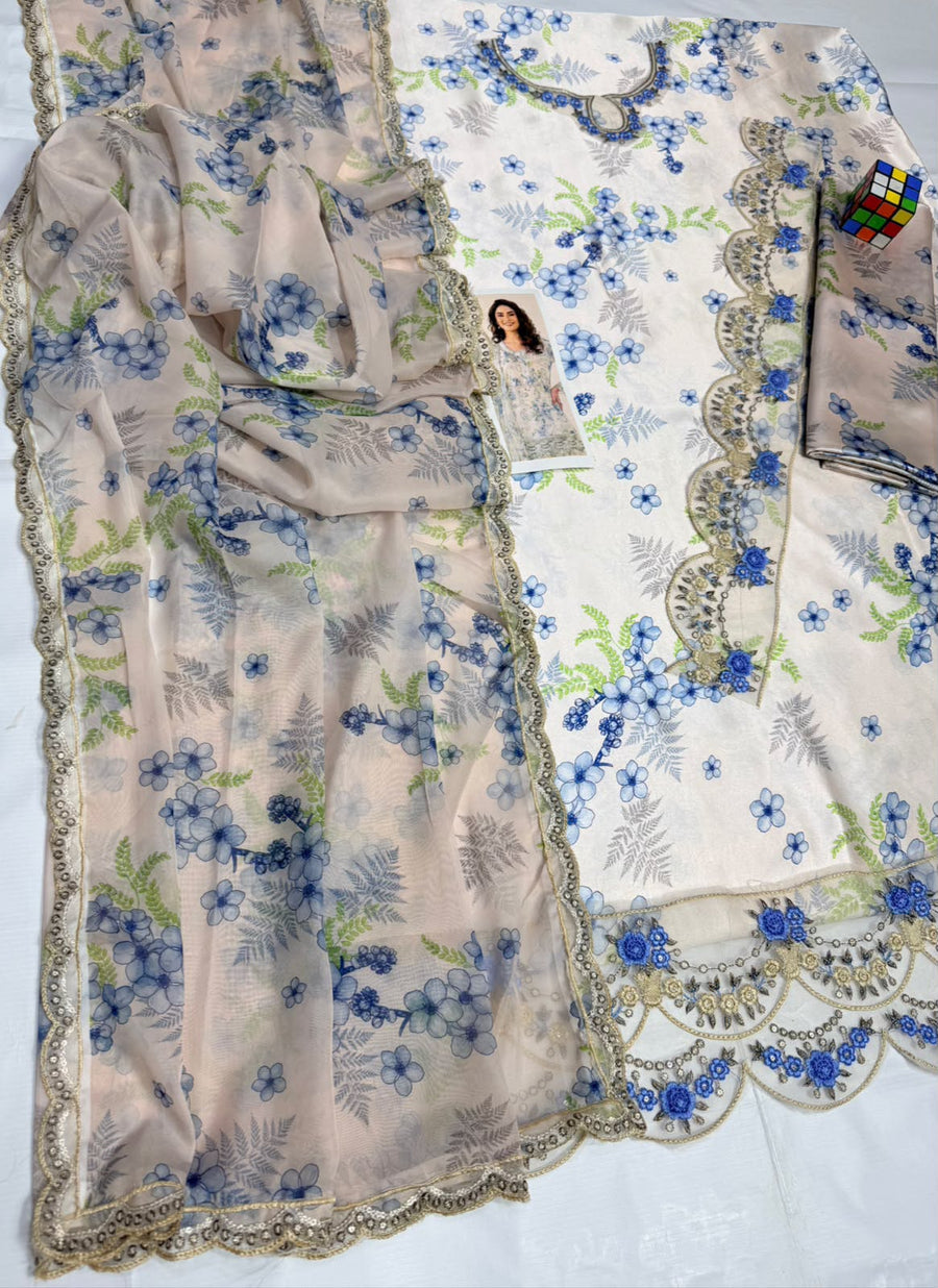 Elegant Floral Printed Chikankari Suit with Lace Borders & Matching Dupatta