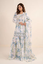 Elegant Floral Printed Chikankari Suit with Lace Borders & Matching Dupatta