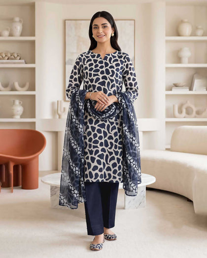 Contemporary Abstract Print Straight Shirt with Solid Trousers & Dupatta