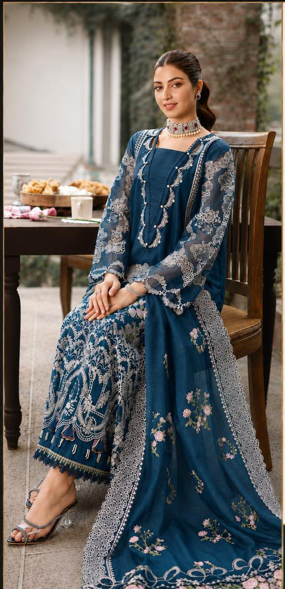 Bin Ilyas Winter Collection – Teal Blue Embroidered Dhanak 3PC Ensemble