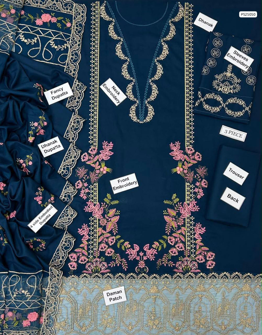 Bin Ilyas Winter Collection – Teal Blue Embroidered Dhanak 3PC Ensemble