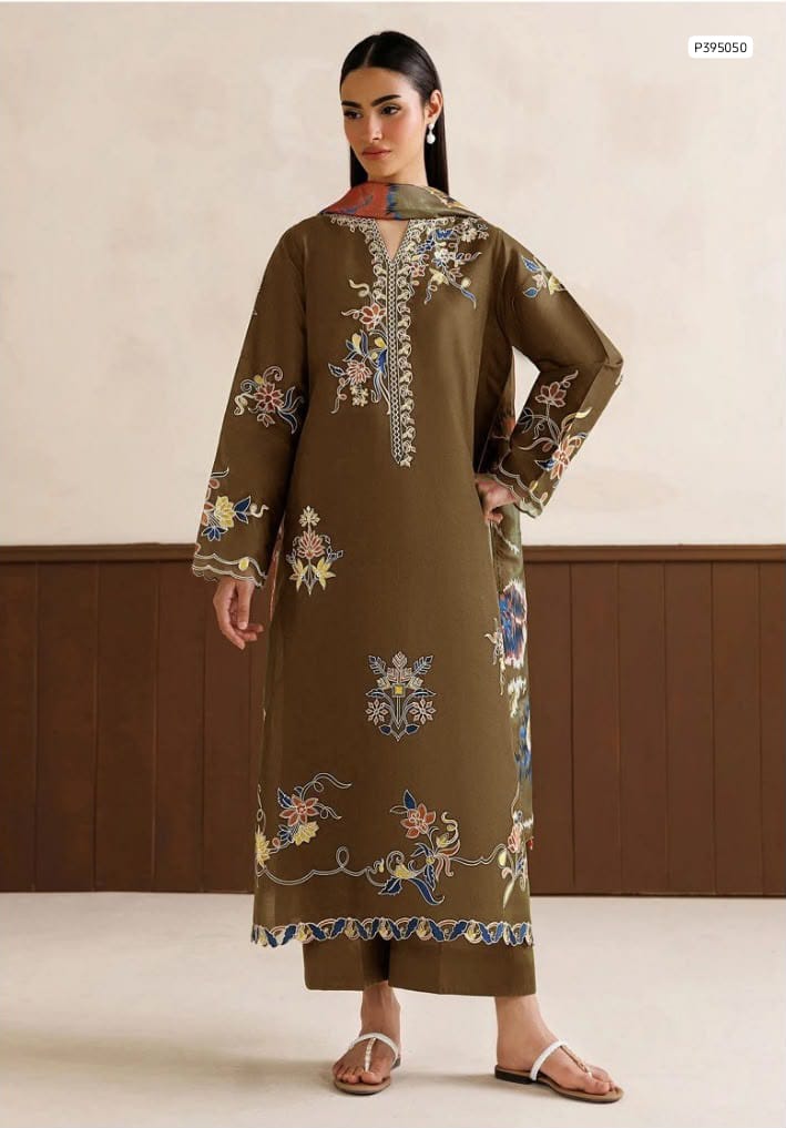 Premium 3PC Embroidered Winter Dhanak Ensemble with Contrast Floral Detailing