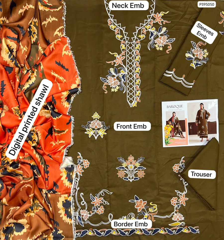 Premium 3PC Embroidered Winter Dhanak Ensemble with Contrast Floral Detailing