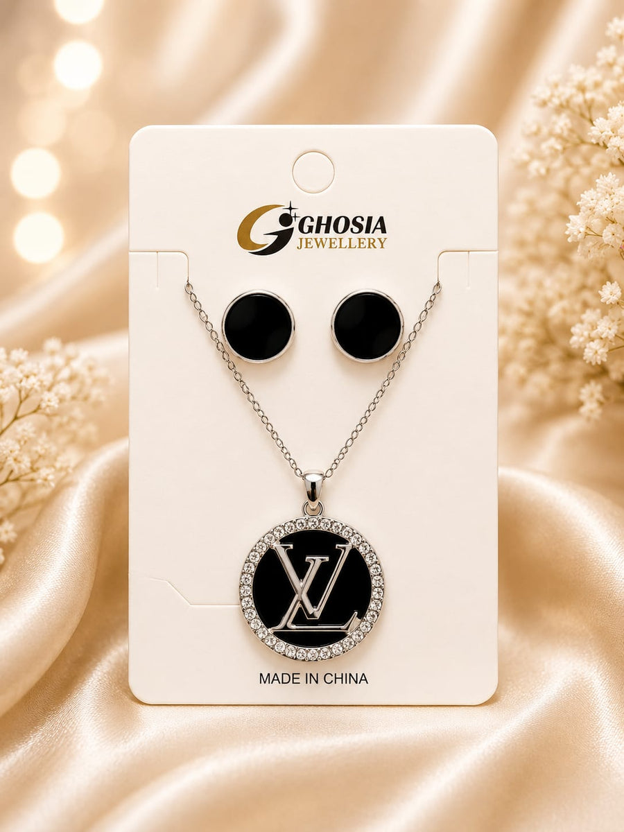 Jewellery Elegant Gold-Plated Black Pendant & Earring Set | Luxury Fashion Jewelry