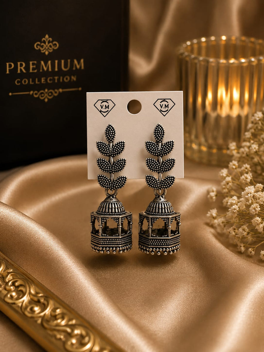 Oxidised Silver Leaf Motif Cage Jhumka Earrings