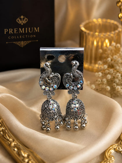 Oxidised Silver Peacock Motif Stone-Studded Jhumka Earrings