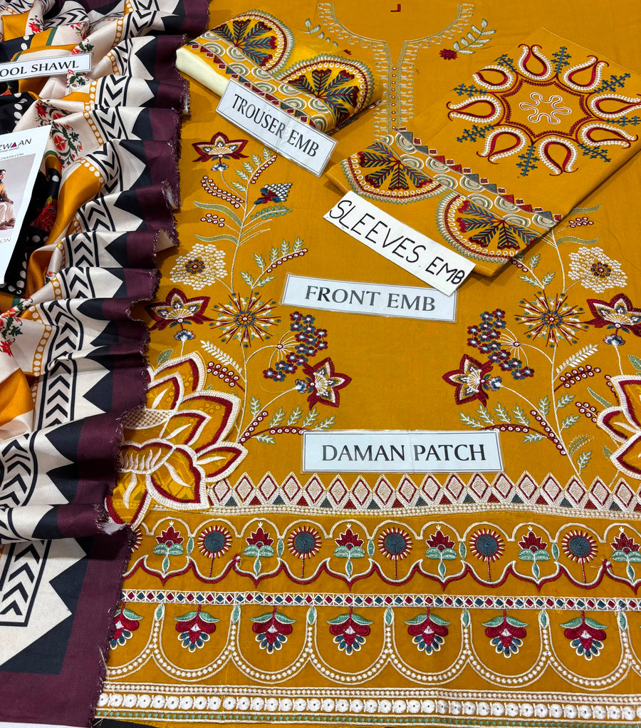 Pezwan Premium Air-Jet Dhanak Heavy Embroidered 3-Piece Unstitched Suit (D#3005) with Woolen Shawl