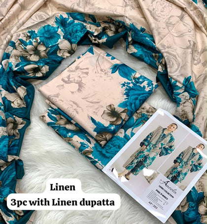 Aneela Cream Teal Floral 3Pc Unstitched Linen Suit with Linen Dupatta